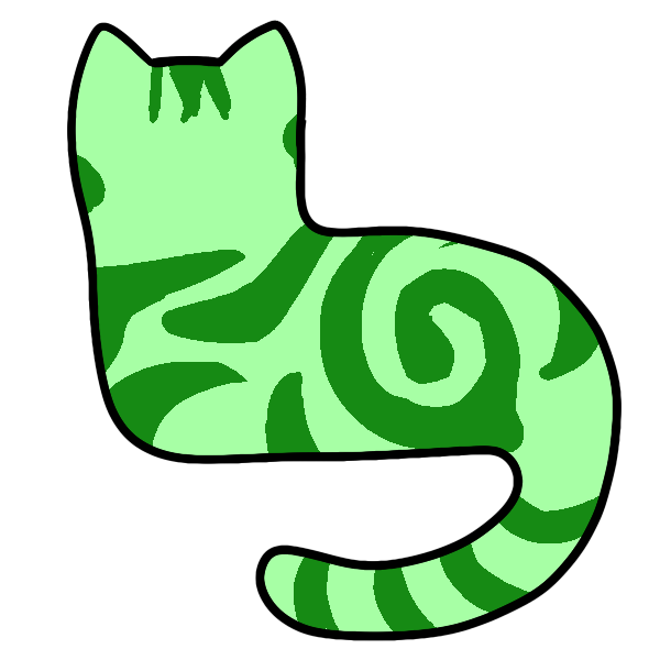 green silhouette of a cat lying down with its head up and tail curved below. it has swirly stripes